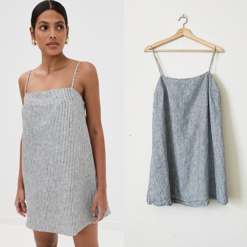 Reformation XL Aubree 100% linen grey white stripe shoulder tie strap mini dress